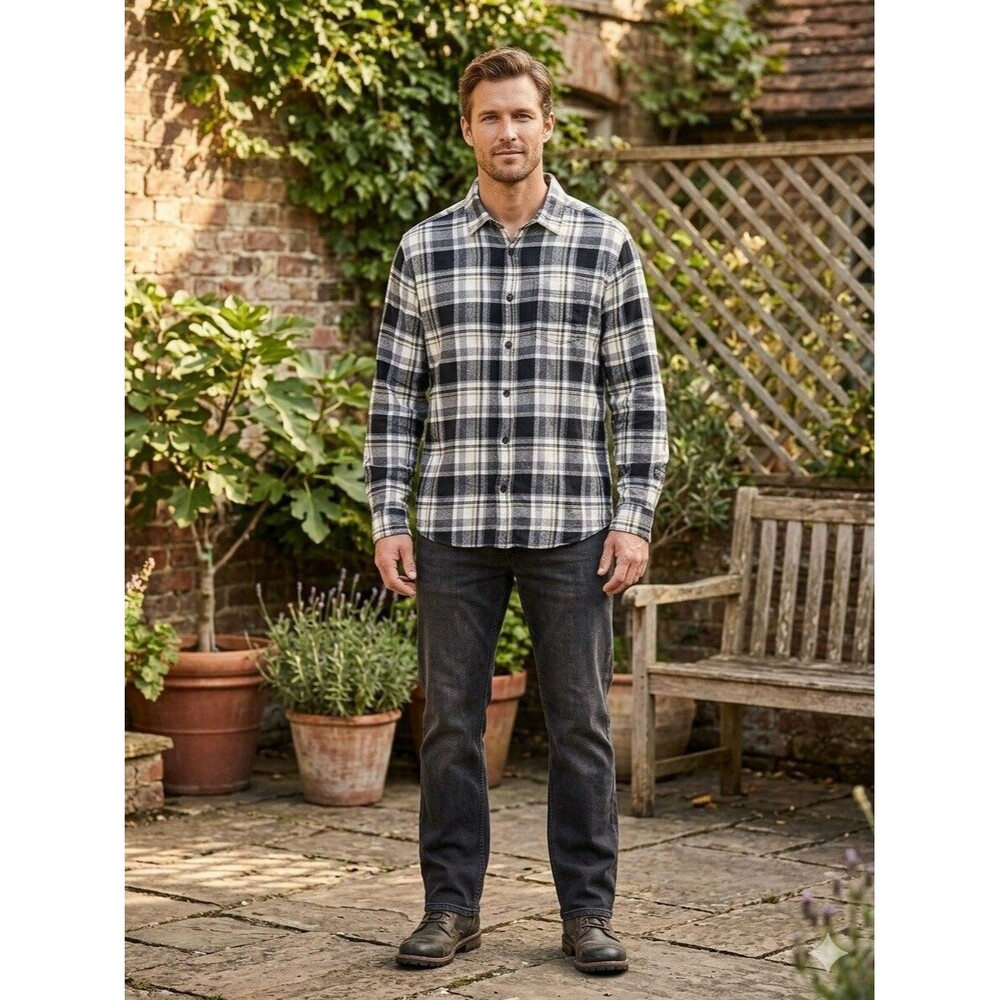 English Laundry Mens Plaid Flannel Shirt Black Gray Large